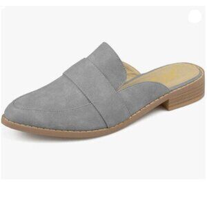 FOWT Women's Mules Flats Pointed Closed Toe Slip On Loafer, Low Chunky Heel Grey
